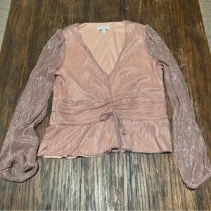 Metallic Rose Gold Pleated Wrap Top | Sheer Sleeve Party Blouse | L